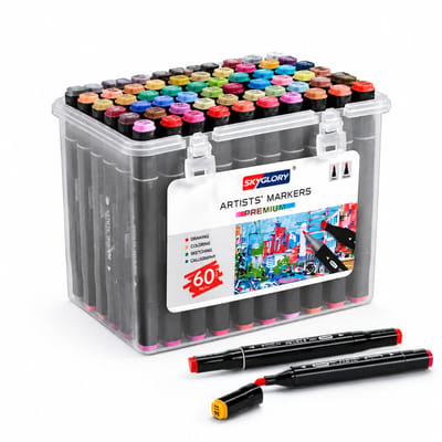 Dubbelzijdige markers op oliebasis - 60 kleuren - Soepele inktafgifte en levendige kleuren - Voor kunst en ontwerp - In PE-doos