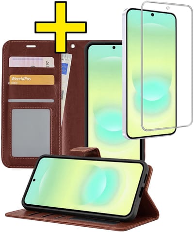 Hoesje - Met Screenprotector - Geschikt voor Samsung Galaxy A37 - Luxe Pasjeshouder - Bookcase Portemonee - Flip Case - Kunstleer Book Case - Flipcase - Book Cover - Walletcase - Portemonneehoes - Telefoonhoesjes - Bruin