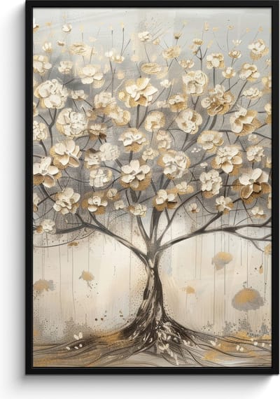 Poster in lijst - Fotolijst 80x120 cm - Posters - Boom - Beige - Goud - Verflook - Grijs - Posterlijst zwart - Decoratie - Wanddecoratie woonkamer - Muurdecoratie slaapkamer