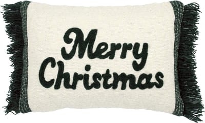 Urbane Hide | Kerst Kussenhoes | Kussenhoezen | Kussenhoesjes | Christmas | Merry Christmas met franjes | 35x50 cm | Wol, Katoen | Creme & Donkergroen | Zonder binnenkussen