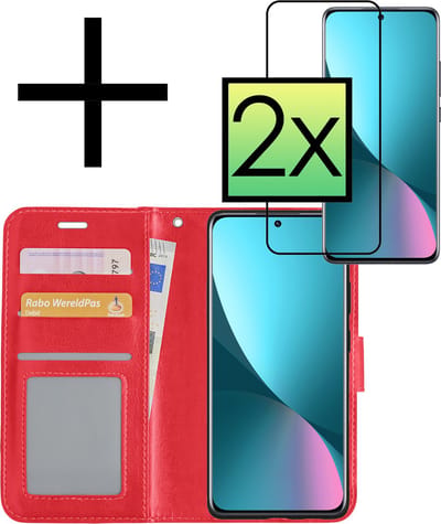 Hoesje - Met 2x Screenprotector - Geschikt voor Xiaomi 12X - Luxe Pasjeshouder - Bookcase Portemonee - Flip Case - Kunstleer Book Case - Flipcase Hoes - Book Cover - Walletcase - Portemonneehoes - Rood