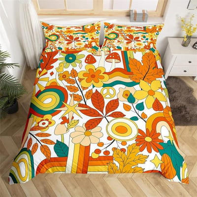 Retro jaren 70 Hippie Stijl Dekbedovertrek Queen Microfiber Psychedelisch Paddenstoelen Beddengoed Set Kamer Decoratie Cadeaus Regenboog Bloemen Dekbedovertrek EU Single(135*200cm)3pcs