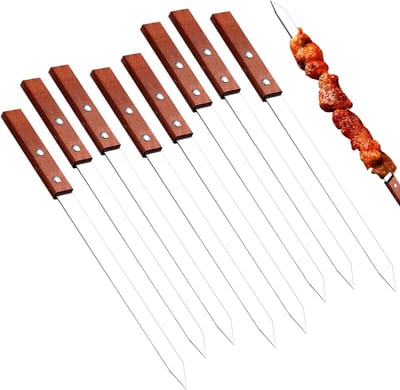 Grillspiesen, 8 stuks, herbruikbaar, 40 cm, platte sjasliekspiesen, roestvrij staal, met houten handvat, kebab-spiesen voor vlees en groenten, vleessspiesen, barbecue-accessoires