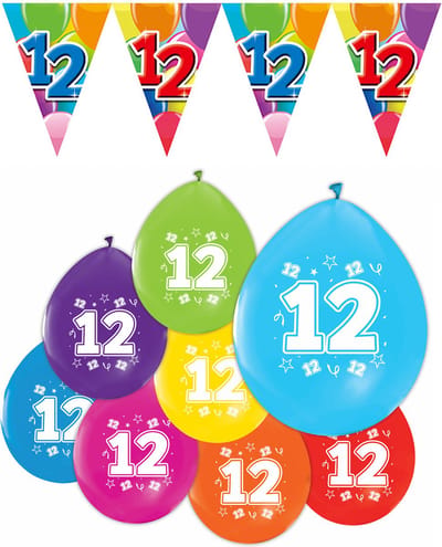 Feestpakket 12 jaar / 8 ballonnen en 1 vlaggenlijn 10 meter - Versiering Slinger Feestdecoratie Decoratie Verjaardag Jubileum Ballon Feest