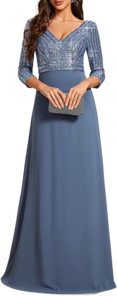 DIEPE V-HALS PAILLETTEN CHIFFON AVONDJURK MET HALF TRANSPARANTE M mouwen