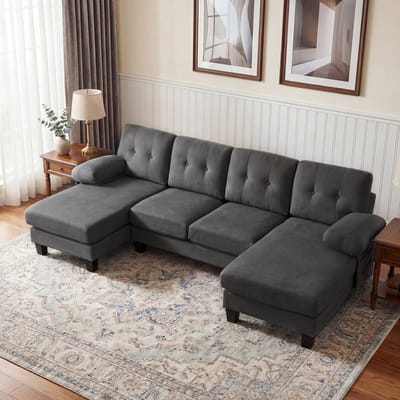 4-Zitsbank, U-Bank, 4-zits U-vormige Bank met Chaise Longue, Moderne Bank Bekleed met Chenille, Slaapbank met Verstelbare Rugleuning, Gastenbank voor Woonkamer en Kantoor-Grijs