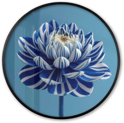 Poster in lijst Rond - Fotolijst 60x60 cm - Posters - Bloem - Blauw - Bloemblaadjes - Streepjes - Ronde posterlijst zwart - Decoratie - Wanddecoratie woonkamer - Muurdecoratie slaapkamer
