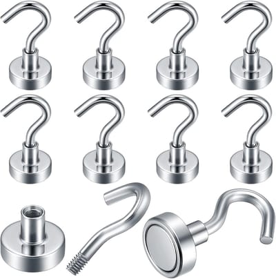 10 stuks magneethaken, extra sterk, neodymium-magneet, sterke supersterke magneten met haken, magnetische houder, haken voor plafond, badkamer, keuken, handdoek, garage, koelkast, zilver