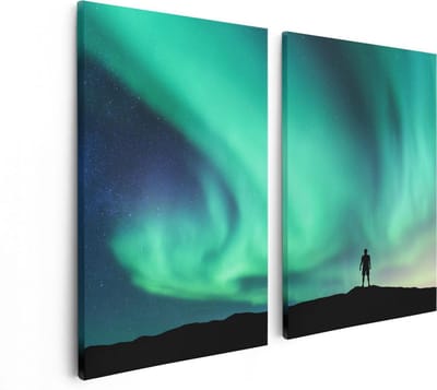 Artaza Canvas Schilderij Tweeluik Man bij het Groene Noorderlicht - 80x60 - Foto Op Canvas - Canvas Print