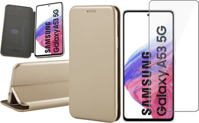Hoesje geschikt voor Samsung Galaxy A53 - Book Case Kunstlederen Wallet Cover Minimalistisch Pasjeshouder Hoes Goud - Tempered Glass Screenprotector