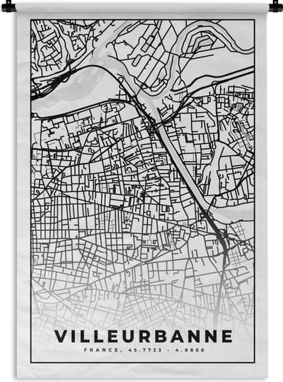 Wandkleed - Wanddoek - Frankrijk - Plattegrond - Villeurbanner - Stadskaart - Kaart - Zwart wit - 120x180 cm - Wandtapijt