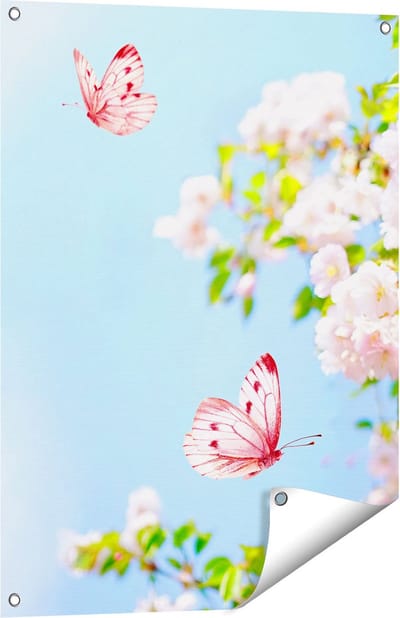 Gards Tuinposter Twee Roze Vlinders bij Roze Bloesem Bloemen - 60x80 cm - Tuindoek - Tuindecoratie - Wanddecoratie buiten - Tuinschilderij