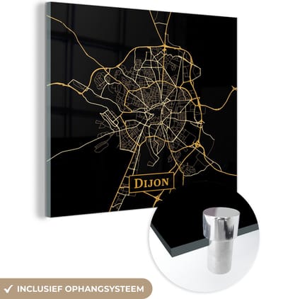 MuchoWow® Glasschilderij 50x50 cm - Schilderij acrylglas - Kaart - Dijon - Luxe - Zwart - Goud - Foto op glas - Schilderijen
