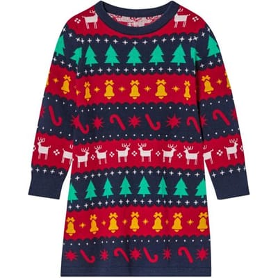 LUPILU Gebreid kerstjurkje (Donkerblauw gestreept/rood gestreept, 98/104)