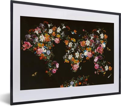 Poster in lijst - Fotolijst 40x30 cm - Posters - Wereldkaart - Bloemen - Vlinder - Zwart - Posterlijst zwart - Decoratie - Wanddecoratie woonkamer - Muurdecoratie slaapkamer
