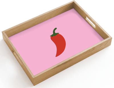 Dienblad hout 40x30 cm - Schootdienblad - Peper - Rood - Illustratie - Borrelplank rechthoek - Plateau dienbladen