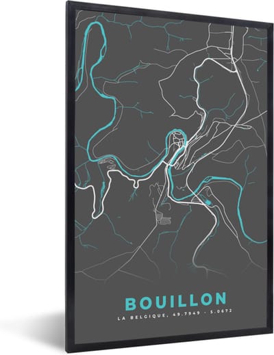 Fotolijst incl. Poster - Stadskaart – Grijs - Kaart – Bouillon – België – Plattegrond - 40x60 cm - Posterlijst