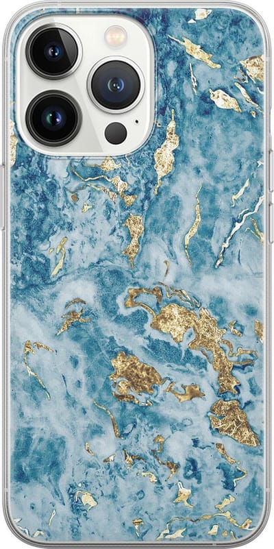 Leuke Telefoonhoesjes - Hoesje geschikt voor iPhone 13 Pro - Goud blauw marmer - Soft case - TPU - Marmer - Blauw