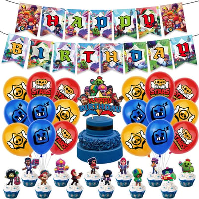 32 stuks Brawl Stars Cartoon Ballon bevat Cake Toppers, Ballonnen en een Banner blue