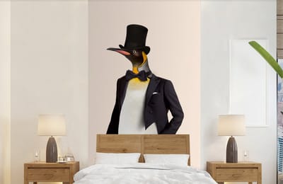 Behang - Fotobehang Pinguïn - Dier - Hoed - Colbert - Zwart - Breedte 120 cm x hoogte 240 cm