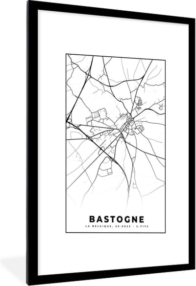 Fotolijst incl. Poster Zwart Wit- België – Bastogne – Stadskaart – Kaart – Zwart Wit – Plattegrond - 60x90 cm - Posterlijst