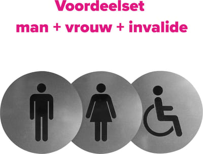 Wc bordjes – Voordeelset van 3 - Man - Vrouw – Gehandicapt - Rond – RVS met Zwart – 10 x 10 cm - Toilet bordje – Deurbord – Zelfklevend