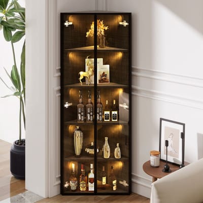REDOM - Hoekvitrine - Geintegreerde LED-verlichting - 90 graden hoekontwerp met soft-close deuren - Moderne stijl - Woonkamer - MDF en glas - Zwart - 62 x 35 x 160 cm