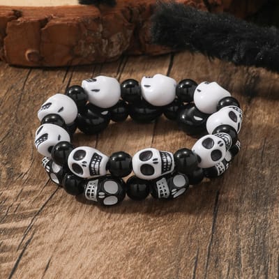Punk Goth Schedel Skelet Armbanden voor Vrouwen Mannen Hip Hop Elastische Kralen Armbanden Bangles Handgemaakte Halloween Sieraden white
