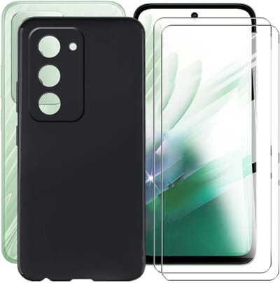 Casemania Hoesje + Glas Geschikt voor Xiaomi Redmi 15 4G - Zwart - Siliconen Back Cover + 2x Gehard Glazen Screenprotector