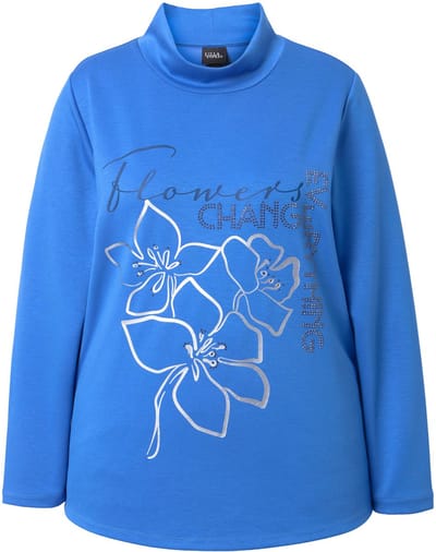 Ulla Popken - Dames - Sweatshirt bloemen siersteentjes opstaande kraag - Pauwenblauw - Maat 58+