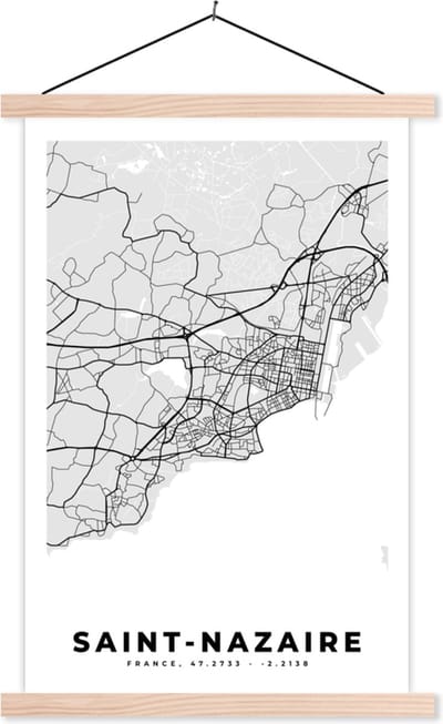 Posterhanger incl. Poster 40x60 cm - Schoolplaat - Frankrijk - Plattegrond - Kaart - Saint-Nazaire - Stadskaart - Textielposter - Blanke latten - Stadskaart