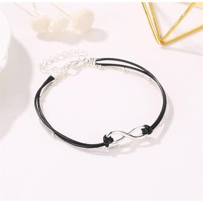 Chaîne de cheville Lucky Infinite Argentée, Plage Tendance, Alliage 8 caractères Corde Noire Double couche, Cheville d'été white