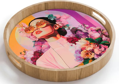 Dienblad rond 40x40 cm - Schootdienblad hout - Portret - Vrouw - Abstract - Bloemen - Borrelplank rechthoek - Plateau houten dienbladen