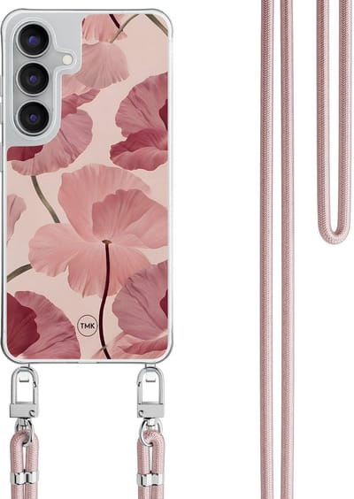 Telefoonhoesje met koord geschikt voor Samsung S25 FE - Vintage blossom - Inclusief Rosegoud koord - Transparant, Roze - Bloemen - Crossbody beschermhoes - Met Telefoonketting