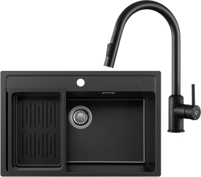 Anycee Max Granieten Spoelbak 70x46CM - Spoelbak Keuken Met Keukenmengkraan Met Uittrekbare Uitloop - Enkele spoelbakken Met Afdruiprek en Sifon - Afvoer en Overloopset