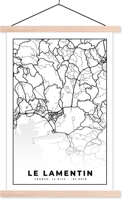 Posterhanger incl. Poster 40x60 cm - Schoolplaat - Stadskaart – Frankrijk – Kaart – Le Lamentin - Plattegrond - Zwart wit - Textielposter - Blanke latten - Stadskaart