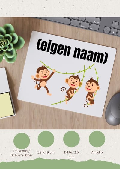 Akyol - slingerende aapjes met eigen naam Muismat - Aap - apen liefhebbers - iemand die houdt van apen - verjaardag - cadeau - kado - geschenk - 23 bij 19 cm