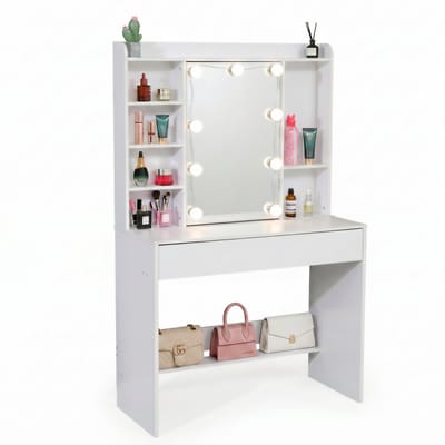 Make Up Tafel – Kaptafel met Spiegel en Verlichting – Hollywood Spiegel met 9 Dimbare LED-Lampen – 3 Lichtkleuren – Verborgen Sieradenkast – Lade met 2 Vakken & 6 Open Vakken – 145 x 90 x 40 cm – Wit – Monza Home