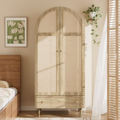 Welltin Kledingkast met lades, houten deuren bekleed met linnen, veel opbergruimte, kledingkast voor de slaapkamer, moderne - Bruin