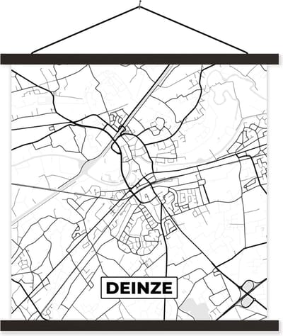 Posterhanger incl. Poster 60x60 cm - Schoolplaat - België – Deinze – Stadskaart – Kaart – Zwart Wit – Plattegrond - Textielposter - Zwarte latten - Stadskaart