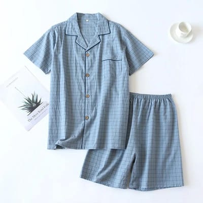 Lente Zomer Heren Pyjama Korte Mouw Top en Broek Gewassen Katoen Eenvoudige Ruit Home Service Pak Pantalon Pijama Hombre M gray