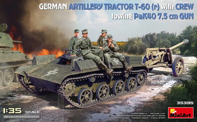 MiniArt Modelbouwpakket Landbouwvoertuigen - 35395 German Artillery Tractor T-60(r) with Crew - Towing PaK40 7.5cm Gun Plastic - 1:35 - Modelbouw