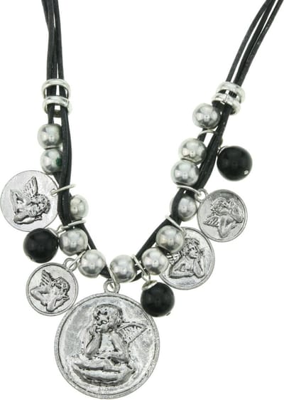 Behave ketting - Engelen hangers met zwarte kralen - Mode accessoires - Nikkelvrij - 43 cm