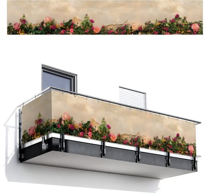 Balkonscherm 500x85 cm - Balkonposter Rozen - Muur - Vintage - Balkon scherm decoratie - Balkonschermen - Balkondoek zonnescherm