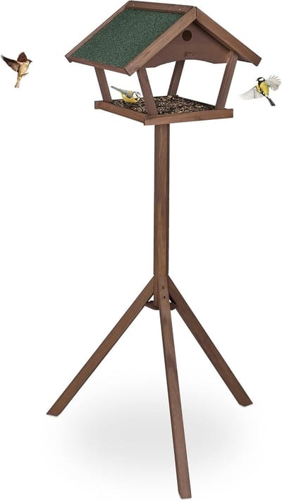 Famanu – Vogelvoederhuisje op voet - van hout - voor tuinvogels - HxBxD: 139 x 70 x 60 cm - weerbestendig dak - bruin/groen