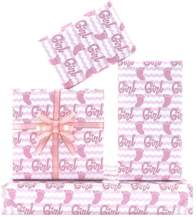 Solidchoice- Inpakpapier Baby Meisje - 4 Vellen 50 x 70 cm - Geslacht Onthullen - Baby Shower Party - Roze Witte Strepen - Glanzend 80GSM - Cadeaupapier