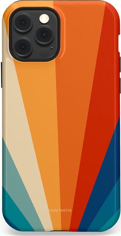 Casetastic hoesje geschikt voor Apple iPhone 12 / Apple iPhone 12 Pro - MagSafe - Dubbellaagse bescherming - Retro straal - Fashion Case - Oranje Okergeel Petrol Rood