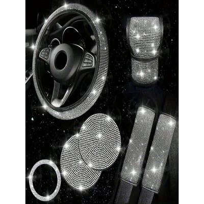7 stuks/Set Imitatie Kristal Auto Stuurwielhoes, Versnellingspookknop, Veiligheidsgordelkussentje, Bekerhouder Onderzetter, Startknop Decoratieve Ring one-size wit