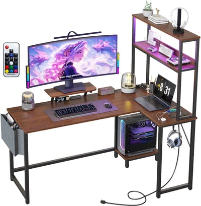 Hoekbureau gaming in L‑vorm met LED, stopcontact & USB 124x92x152 cm - Gaming Desk - Computer Tafel - Gaming Tafel - met zijtas & monitorstandaard - bruin
