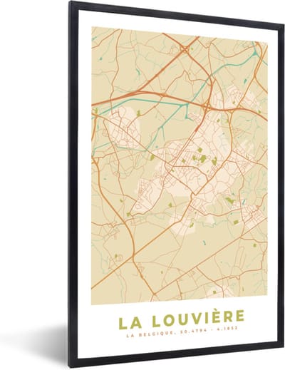 Fotolijst incl. Poster - Plattegrond - Vintage - La Louvière - Kaart - Stadskaart - 40x60 cm - Posterlijst